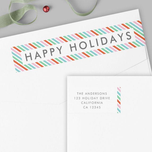 Jul Rand | Modern färgstark Returadress Etikettband (Bright candy stripe return address envelope wrap labels by Guava for cheerful holiday mail 🎄)