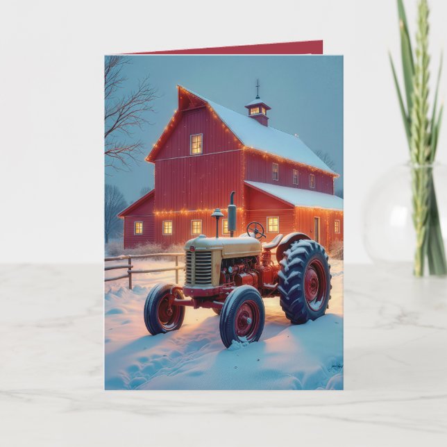 Jul Red Barn med Antique Tractor Helgkort (Framsida)