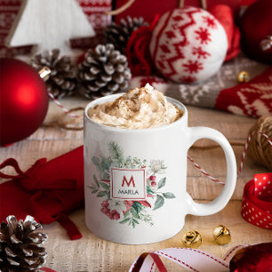 Jul Red Berries Greenery Bouquet Monogram Kaffemugg