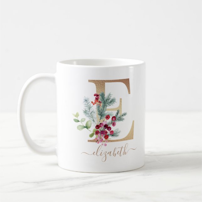 Jul Red Berries Greenery Guld Monogram E Kaffemugg (Vänster)