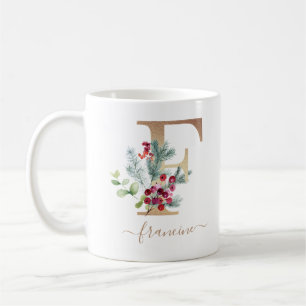 Jul Red Berries Greenery Guld Monogram F Kaffemugg