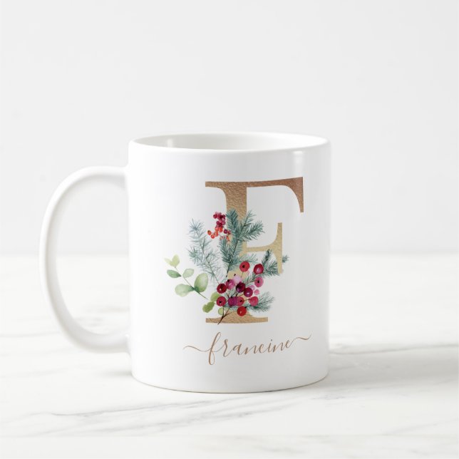Jul Red Berries Greenery Guld Monogram F Kaffemugg (Vänster)