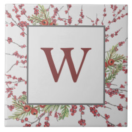 Jul Red Berry Grått Gren Botanical Monogram Kakelplatta