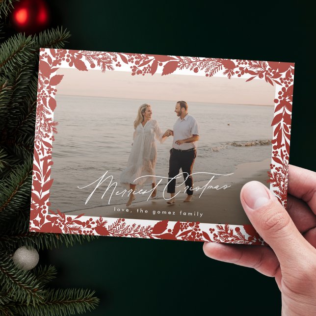 Jul Red Botanical Ram Merriest Photo Julkort (Skapare uppladdad)