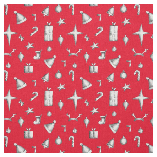 Jul Red Candy cane Stars Sleds Mönster Tyg (Provkarta)