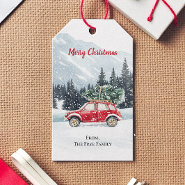 Jul Red Car Träd Helgdag Presentetikett