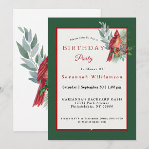 Jul Red Cardinal Greenery Birthday Inbjudningar