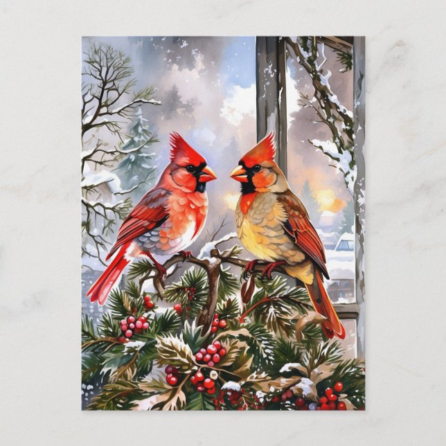Jul Red Cardinals Winter Illustration Helg Vykort (Framsida)