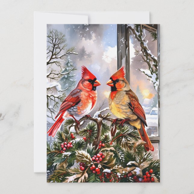 Jul Red Cardinals Winter Illustration Julkort (Framsida)