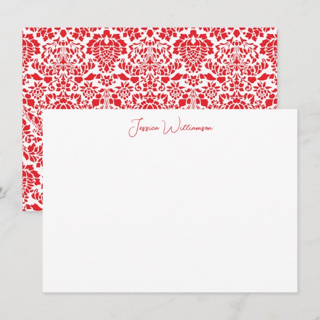 Jul Red Damask Personlig Namn Stationery Anteckningskort (Fram/baksida)