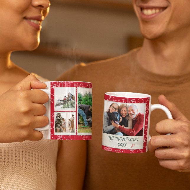 Jul Red Doodles Multi Photo Family Gift Kaffemugg (Skapare uppladdad)