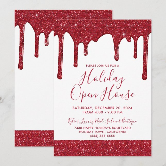 Jul Red Glitter Drives Helgdag Open House Inbjudningar (Fram/baksida)
