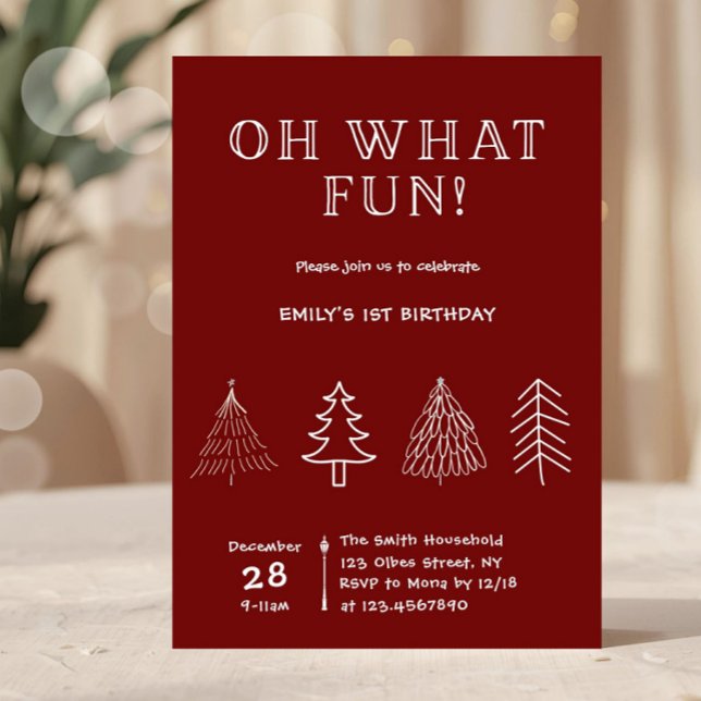Jul Red Hand plockade Birthday Inbjudningar (girls december birthday party, red oh what fun invitation, what fun 1st birthday invitation, modern,)