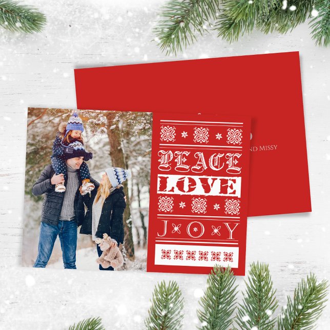 Jul Red Joy Peace Kärlek Helgdag Photo Julkort (Christmas peace, love, and joy holiday photo card. )
