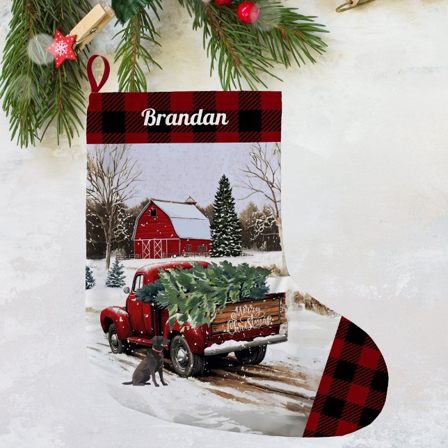 Jul Red Lastbil Stocking - Personlig Stor Julstrumpa (Christmas red truck stocking)