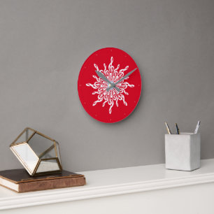 Jul Red Ornamental Treble Clef Snowflake Rund Klocka