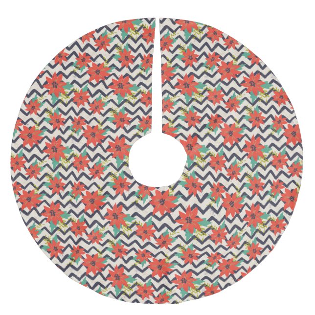 Jul Red Poinsettia Black & White Chevron Julgransmatta Borstad Polyester (Framsidan)