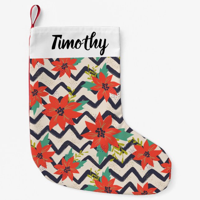 Jul Red Poinsettia Black & White Chevron Liten Julstrumpa (Framsidan)