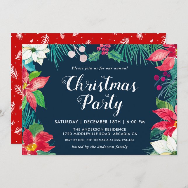 Jul Red Poinsettia Blommigt Julfest Inbjudningar (Fram/baksida)