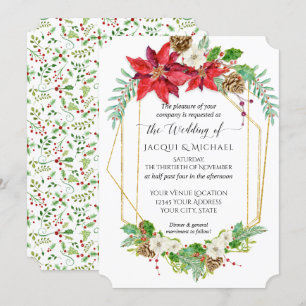 Jul Red Poinsettia Guld Geometric Watercolor Inbjudningar