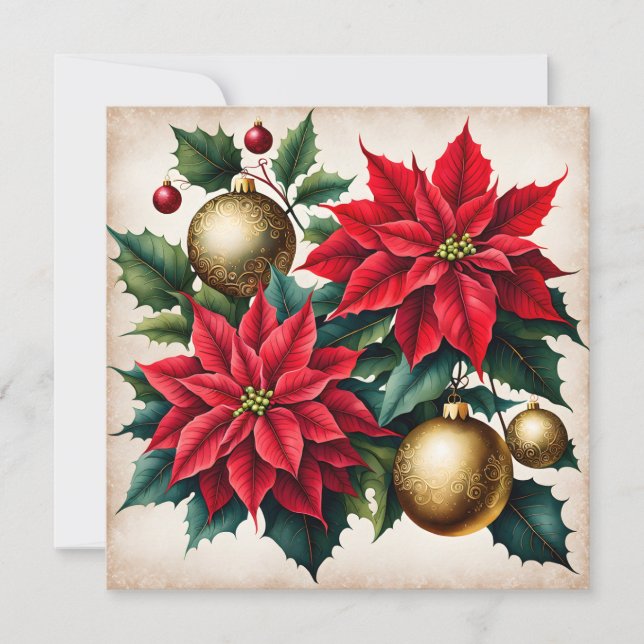 Jul Red Poinsettia och Golden Ornaments Julkort (Framsida)