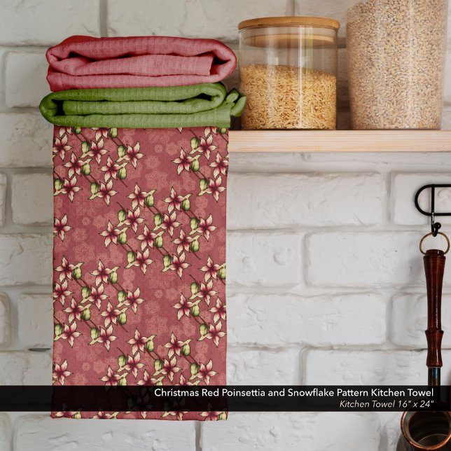Jul Red Poinsettia och Snowflake Mönster Kökshandduk (Christmas Red Poinsettia and Snowflake Patterned Kitchen Towel - Size: 16" x 24")