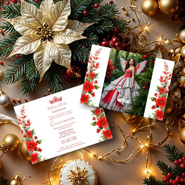 Jul Red Poinsettias inspirations-Chic, Blommigt Inbjudningar (Christmas Red Poinsettias Inspirations Chic Floral Spanish Photo Mis XV Invitations Cards with Glam )