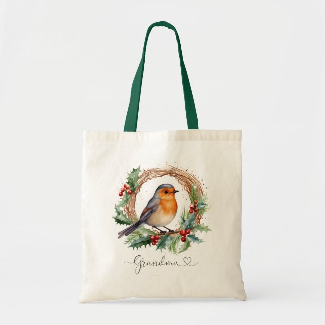 jul Red Robin Grandma Tote Bag Tygkasse (Framsidan)