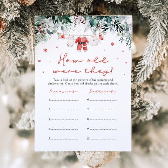 Jul Red Santa Baby Shower Hur gamla var de? Inbjudningar (Watercolor Cute Christmas Red Santa Baby Shower How Old Were They Game)
