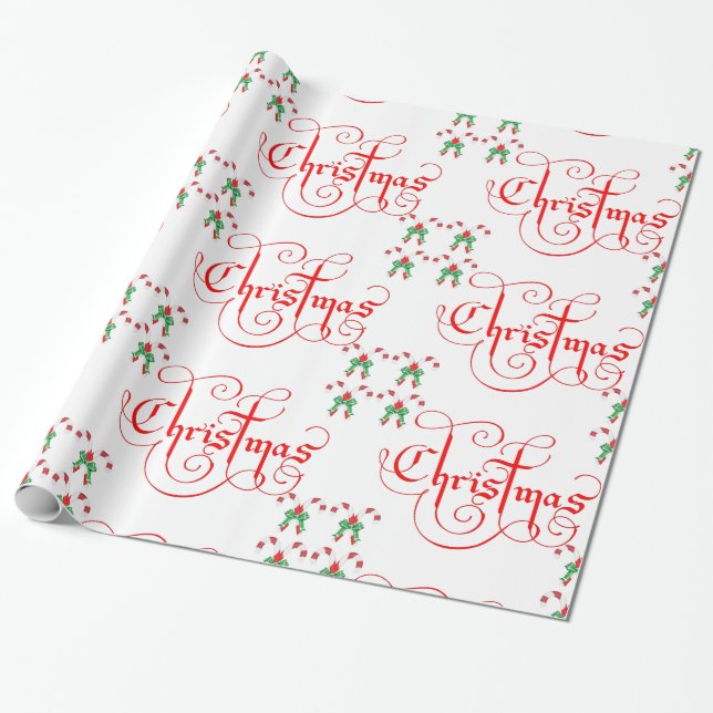 Jul Red Script Candy Candy cane Grönt Ribbon Presentpapper (Utrullad)