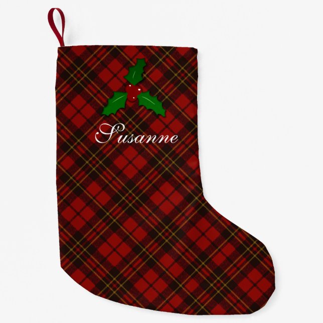 Jul Red tartan plaid holly twig Anpassningsbar tex Liten Julstrumpa (Framsidan)