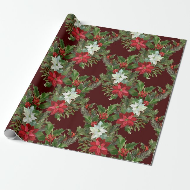 Jul Red & White Poinsettia, Holly Berry Presentpapper (Utrullad)