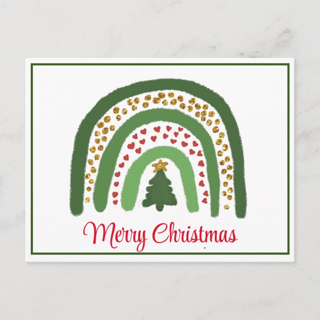 Jul regenbåge glitter röd guld grön vykort (Framsida)