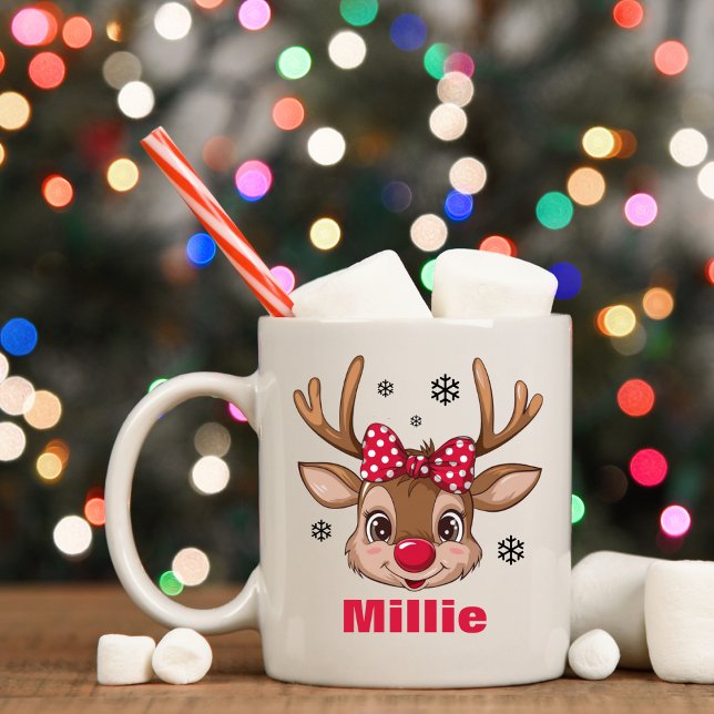 Jul Reindeer Girl Red Polka Dot Bow Kaffemugg (Christmas Reindeer Girl Red Polka Dot Bow Coffee Mug
)