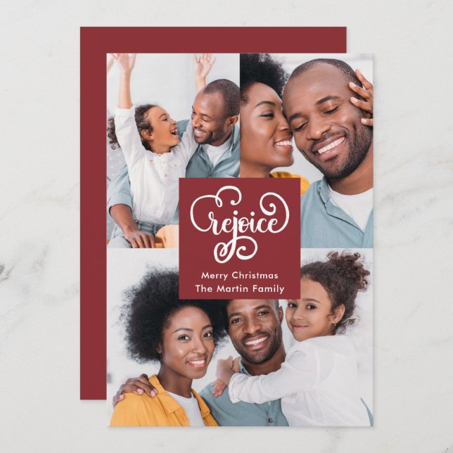 Jul: Rejoice Typography Red Photo jul Julkort (Fram/baksida)