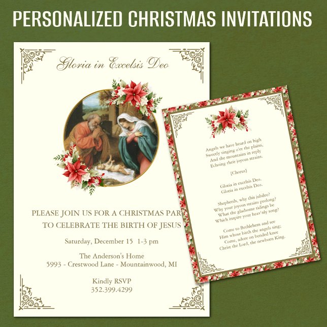 Jul religiös firande fest för Jesus Inbjudningar (Personalized Vintage Christmas Invitations with Nativity Scene, Christmas Hymn and red poinsettias)