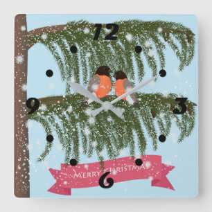 Jul , Retro , Bullfinches Fyrkantig Klocka