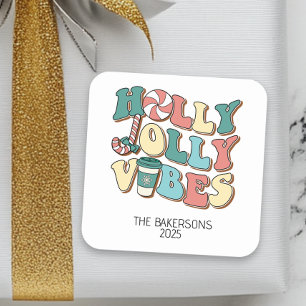 Jul Retro Holly Glada Vibrationer   Fyrkantigt Klistermärke