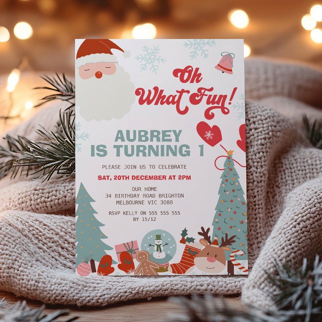 Jul Retro Oh Vilken Roligt 1:a födelsedag Inbjudningar (Oh What Fun Christmas Birthday Invitation Template,  Retro Christmas 1st Birthday, Winter Holiday, )