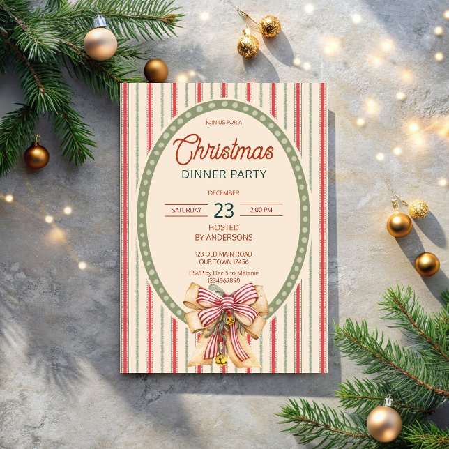 Jul retro-ränder grandmilenial middagsparty inbjudningar (Green red vintage stripes coquette bow Christmas party  elegant invitation cards template)