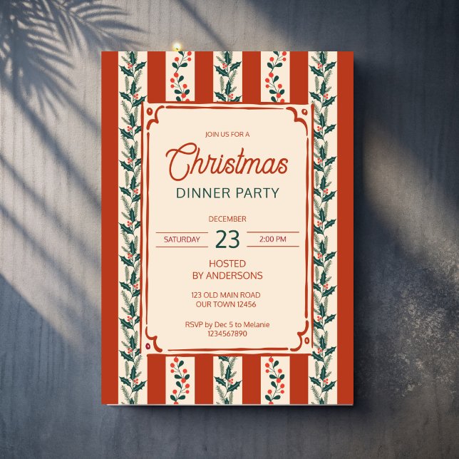 Jul retro-ränder grandmilenial middagsparty inbjudningar (Christmas retro red stripes grand millennial dinner party invitation cards template )