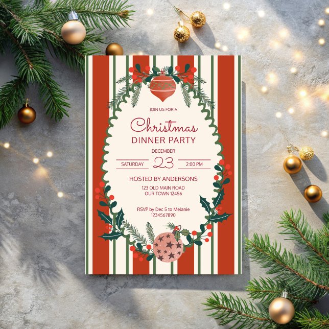 Jul retro-ränder storskalig middagsfest inbjudningar (Christmas red retro stripes grand millennial dinner party invitation cards template)