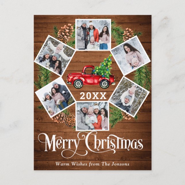 Jul Retro Red Farm Lastbil Hälsning 6 Foto Vykort (Framsida)