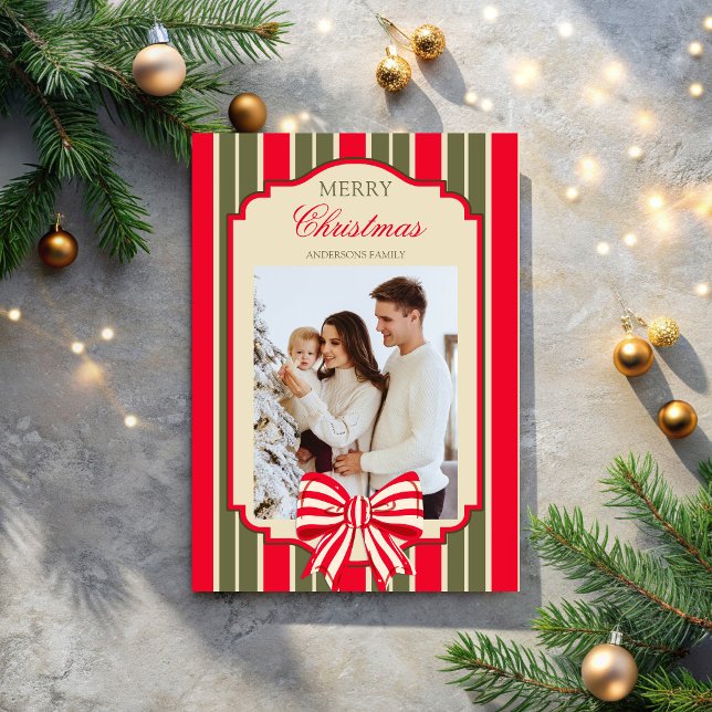 Jul retro röd grön ränder med båge foto julkort (Christmas retro red green stripes with bow photo holiday card Merry Christmas photo cards)