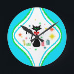 Jul Retro Siamese Cat Rund Klocka<br><div class="desc">Använda det här Mid Century Modern Siamese Cat i en timglasjulsdesign för att dekorera ditt hem och sprida helgdag cheer. Bran presenterar idéer för familjemedlemmar som tar hänsyn till eventuella efterformningar. Utmärkt present åt dig själv,  kära och vänner för helgdagar,  födelsedagar och andra evenemang!</div>