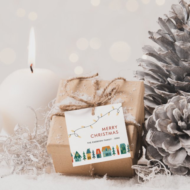 Jul Retrohus Gåvor Etiketter (Holiday Houses Gift Tags)
