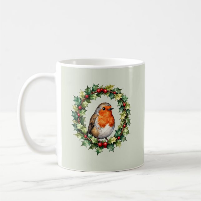 Jul Robin Holly Krans Vattenfärg Kaffemugg (Vänster)