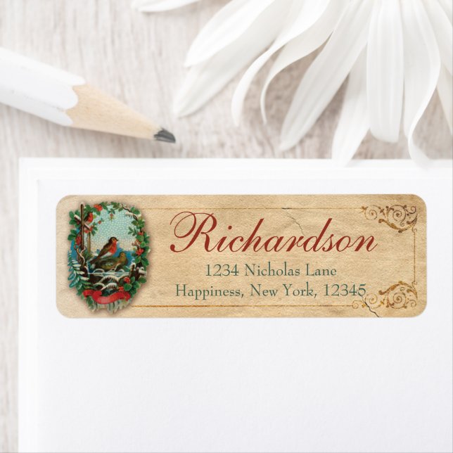 jul Robin Old Antique Victorian SskitRed Returadress Etikett (Insitu)