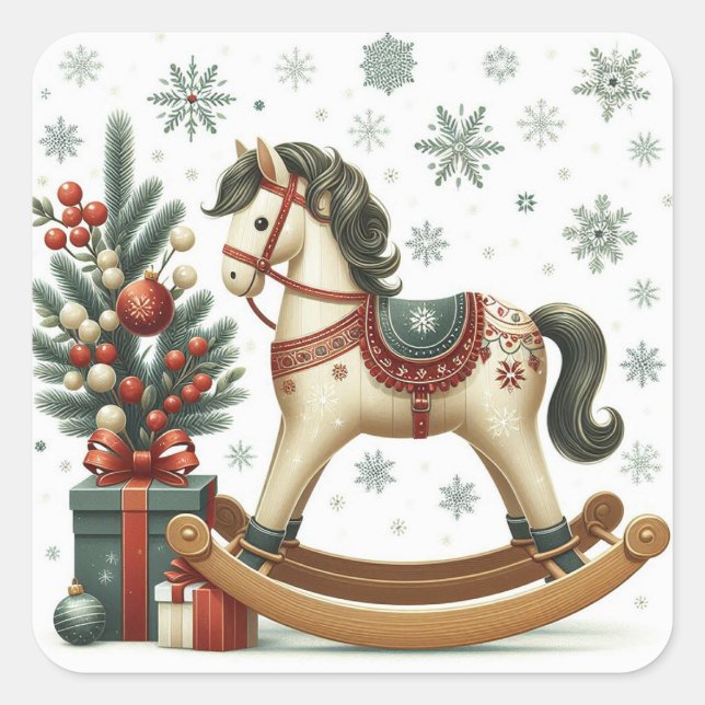 Jul Rocking Horse Fyrkantigt Klistermärke (Framsida)