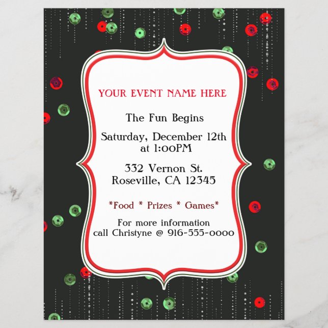 Jul Röd & Grön Glitter Holiday Party Flyer (Framsidan)